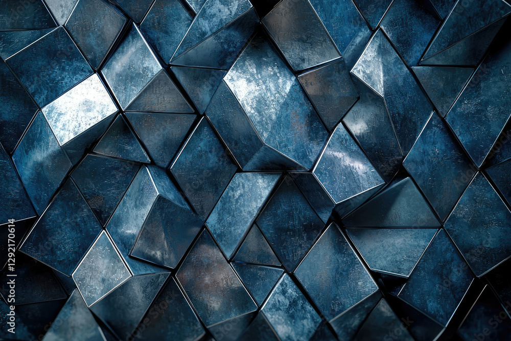 Poster Abstract background of dark blue metallic geometric shapes, creating a textured, three-dimensional pattern.