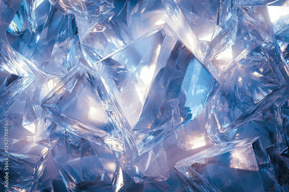 Poster a mesmerizing close-up of translucent, angular ice crystals, reflecting light.
