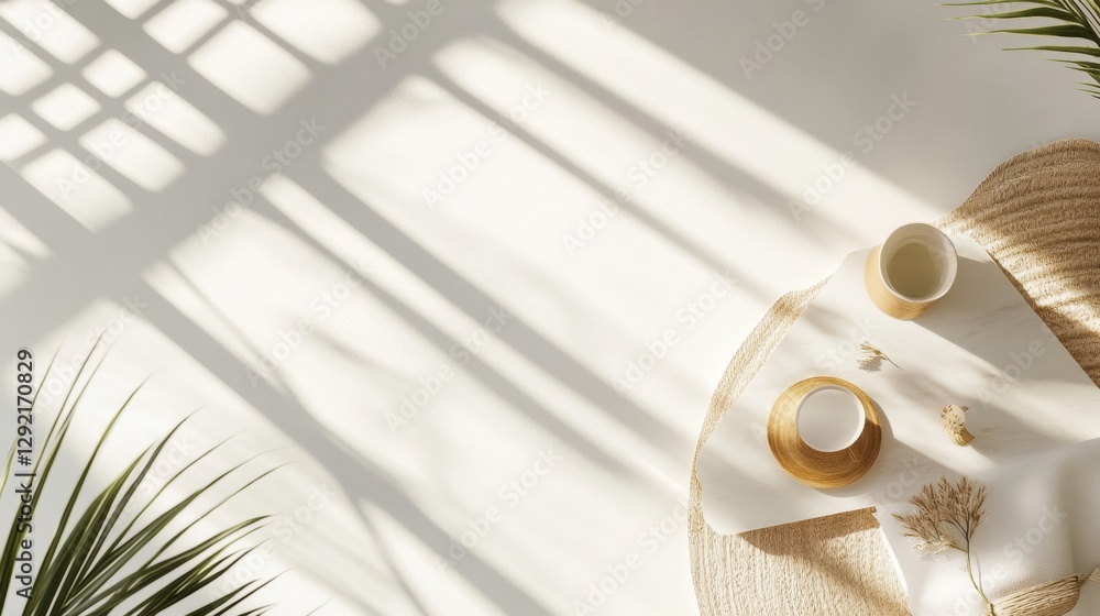 Poster Light and shadow play on a cozy table with cups and natural decor in a serene setting. Generative AI