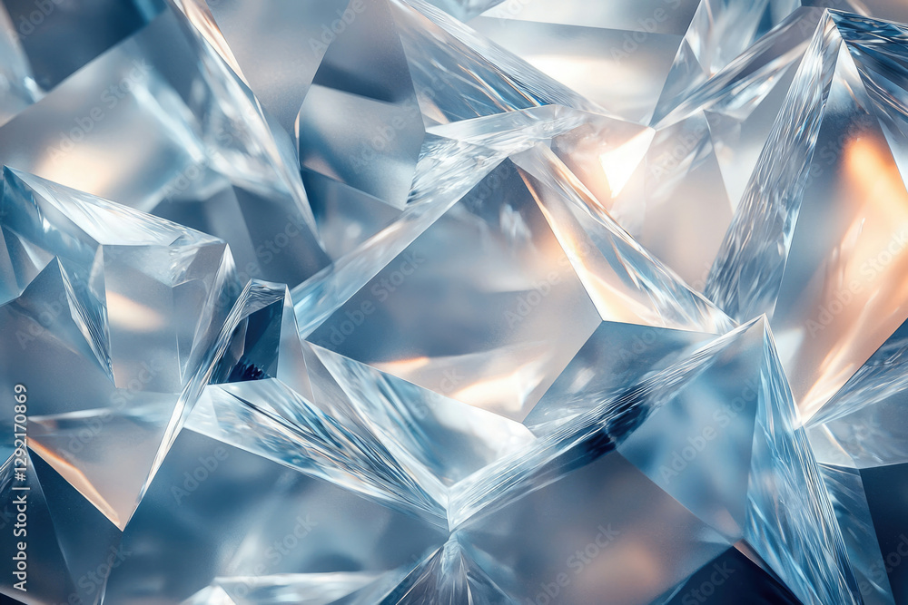 Poster abstract image of interlocking, translucent, crystal-like structures with a cool, blue-toned palette