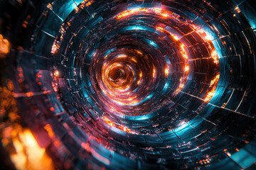 Fototapeta premium A mesmerizing spiral tunnel of vibrant orange and teal lights, showcasing futuristic technology and abstract design.
