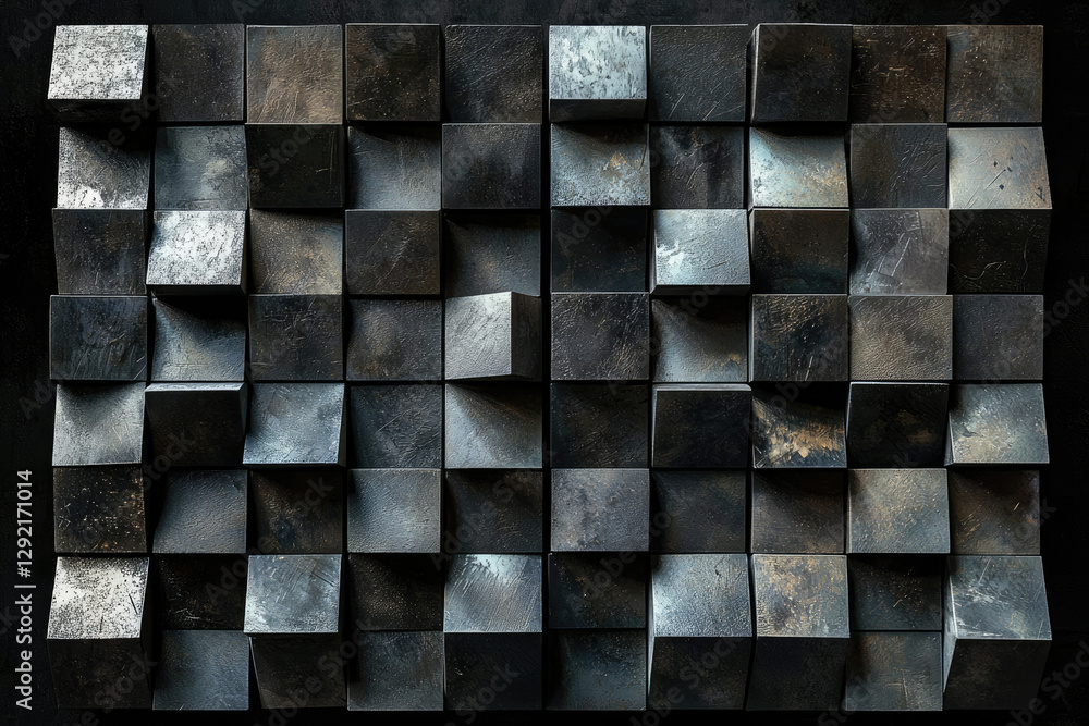 Poster Abstract art of dark gray cubes with a textured surface, arranged in a grid pattern.