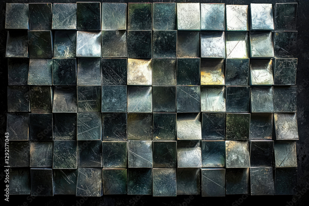 Poster A grid of dark, metallic cubes with textured surfaces, creating a three-dimensional effect.