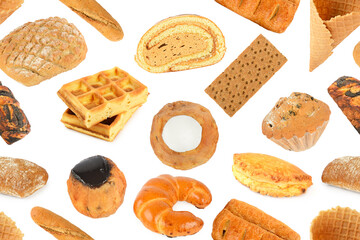 Seamless pattern various sweet bread products made of wheat and rye isolated on white