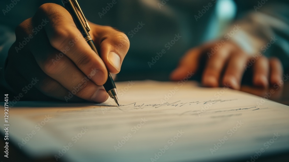 Poster hand holding pen writes on paper in a soft light setting during late afternoon. generative ai