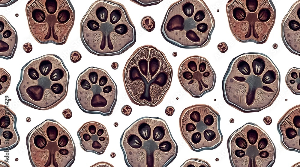 Poster paw print pattern: a creative pattern composed of multiple paw prints with unique inside patterns of