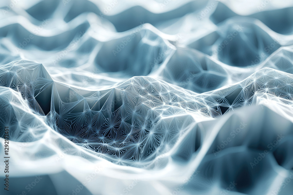 Poster Abstract 3D rendering of a network of interconnected nodes forming a flowing, undulating landscape.