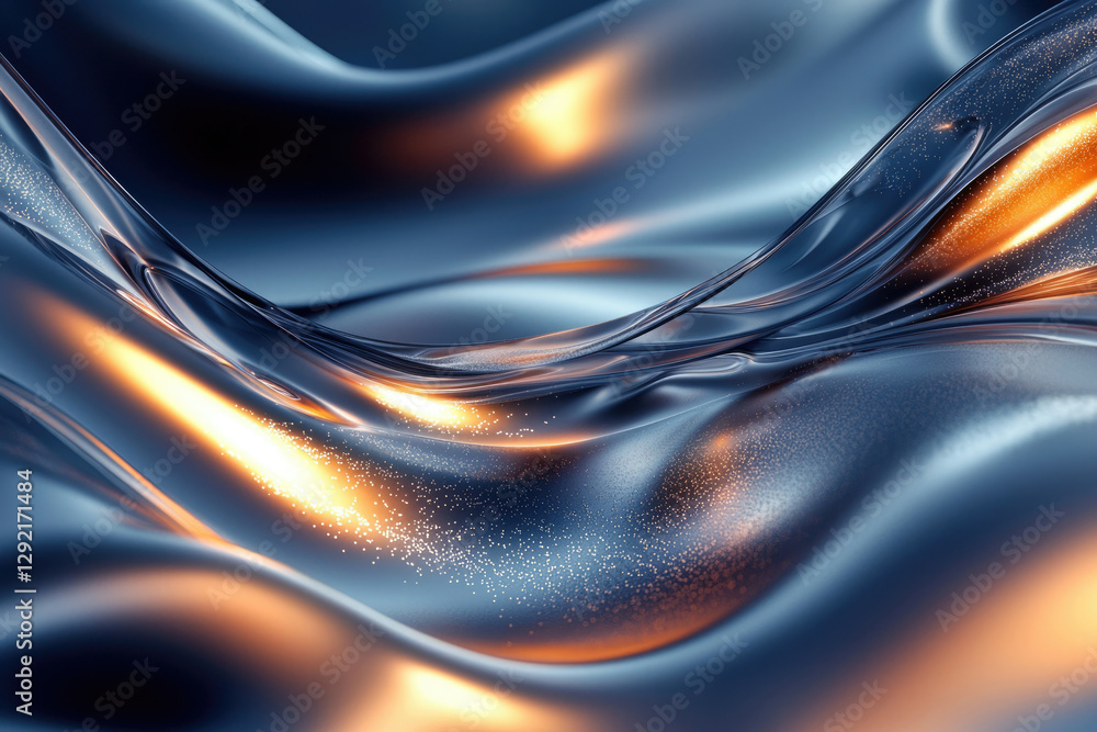 Poster abstract digital art depicting flowing metallic liquid with golden highlights, creating a dynamic an