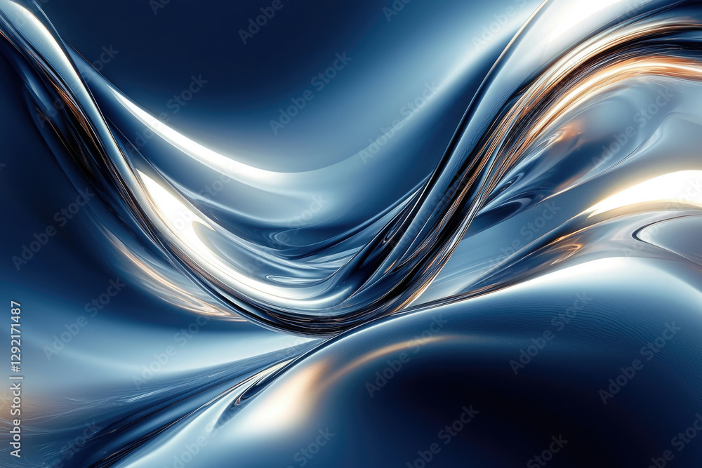 Poster abstract image of flowing, metallic liquid with blue and silver hues, creating a dynamic, wavy patte