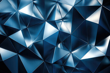 Fototapeta premium Abstract background with dark blue metallic triangular geometric pattern, reflecting light.