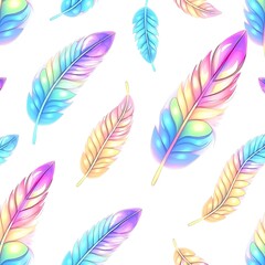 Feather Fantasy: A seamless pattern of whimsical feathers, each a vibrant explosion of pastel colors, arranged in a delightful dance.