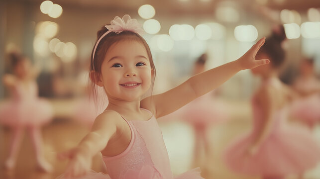 A young Asian girl joyfully practicing ballet in a dance studio, dressed in a pink tutu and surrounded by fellow little ballerinas. Image made using Generative AI.