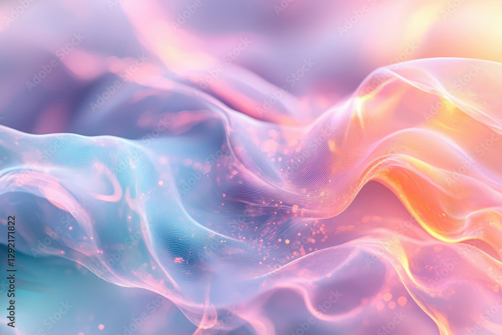Poster Abstract pastel wave background with soft light and glowing particles.