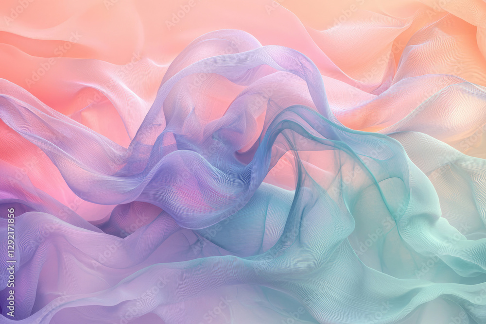 Poster abstract image of pastel-colored translucent fabric, swirling and flowing in soft waves.