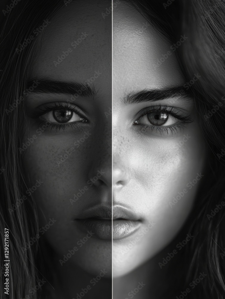 Fototapete Mood transformation showing a grayscale sad expression contrasted with a vibrant happy expression in a striking split image. Generative AI