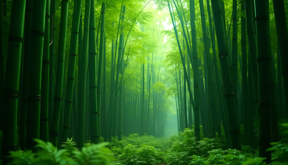 Fototapeta premium Lush bamboo forest with vibrant green stalks and misty atmosphere 
