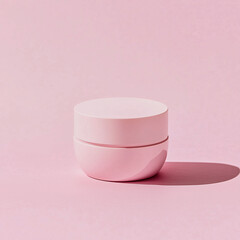Pink  jar container with cream. Pink background, sunlit environment. A small jar with face cream for skincare routine. Beautiful closeup product photo. Mockup