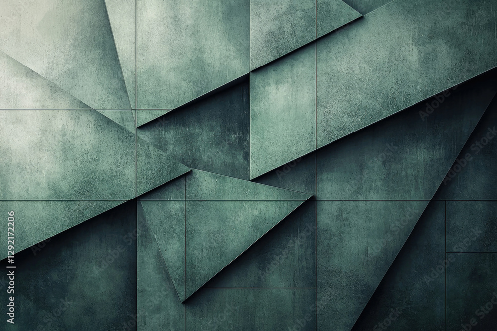 Poster Abstract geometric dark green concrete texture with triangular shapes and grid lines.