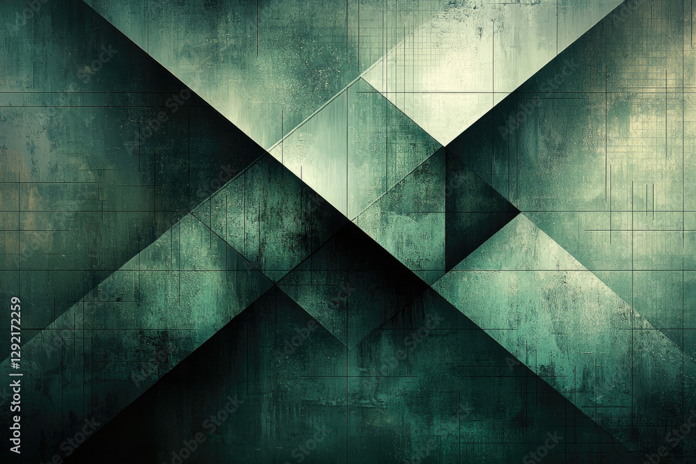 Poster Abstract geometric art with dark green and textured triangles forming a complex pattern.