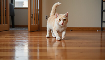 Curious orange-tabby kitten exploring a cozy home interior with wooden floor