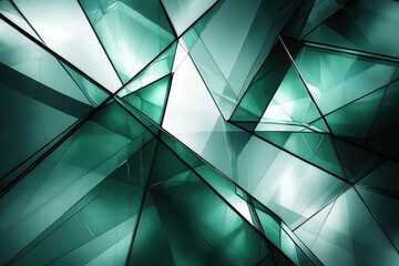 Abstract teal geometric glass structure, sharp angles and reflections create a modern, dynamic design.