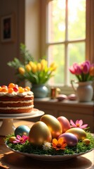 Easter celebration with eggs and cake