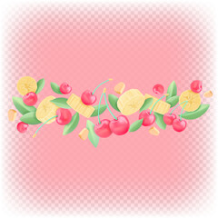 Cherries, banana pieces, mint. Vector 3d isolated illustration. Flying composition of fruits.