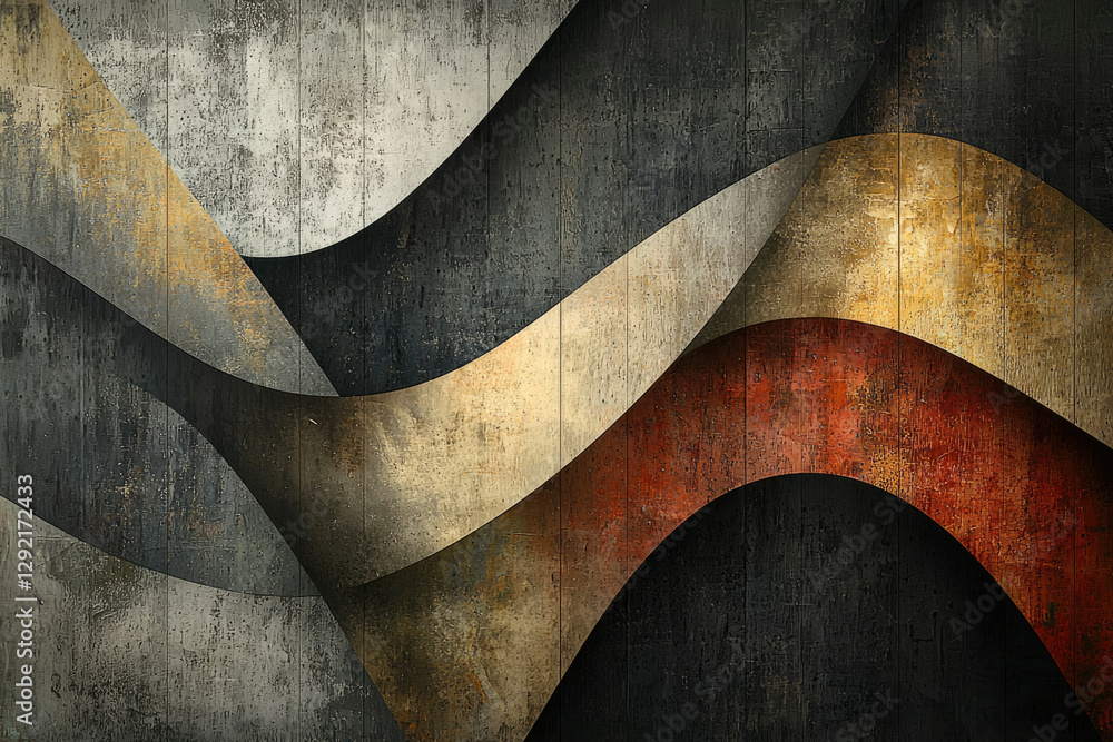Poster abstract art with textured, curved shapes in gold, gray, and rust tones on a dark background.