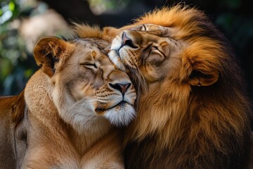Fototapeta premium Lion and lioness showing affection in the wild
