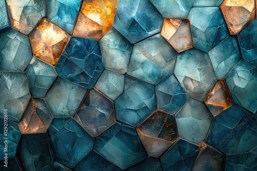 Poster abstract image of teal and gold geometric shapes resembling a mosaic or crystalline structure.