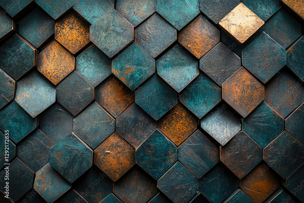Poster Abstract background of teal and copper hexagonal shapes, creating a textured and metallic pattern.