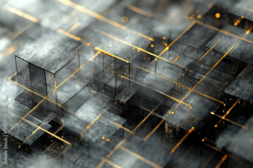 Poster abstract digital grid, interconnected metallic cubes with golden lines, futuristic technology concep