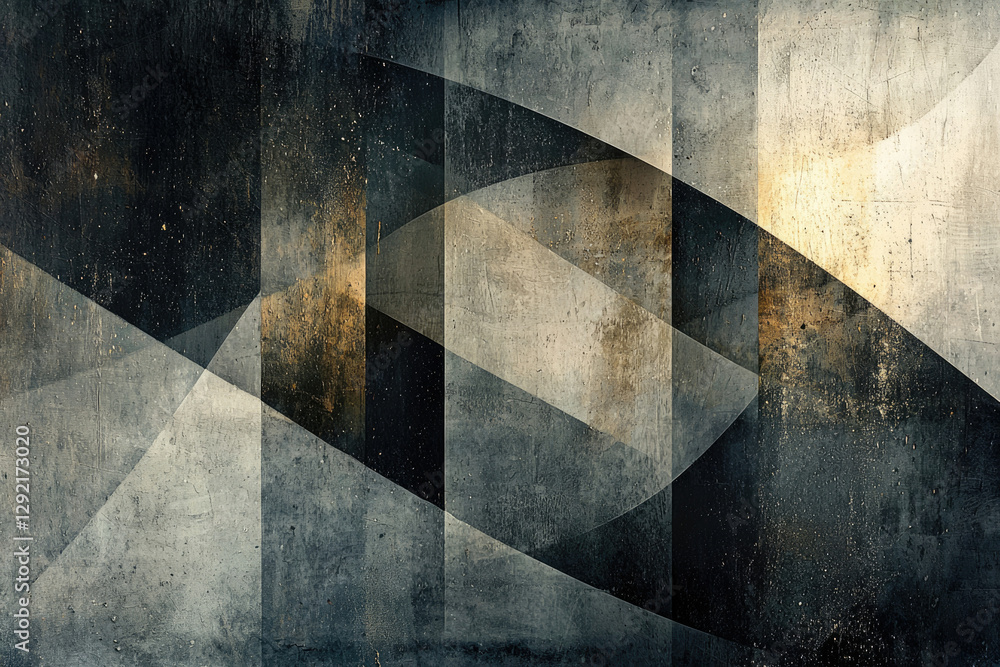 Poster abstract geometric artwork featuring overlapping shapes in shades of gray, black, and beige with a t