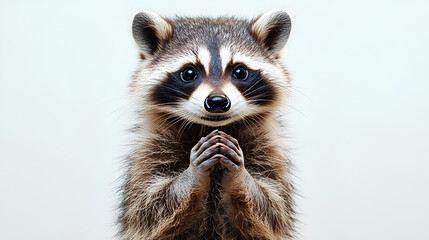 A close-up of a cute raccoon with an adorable expression, looking directly at the camera against a neutral background