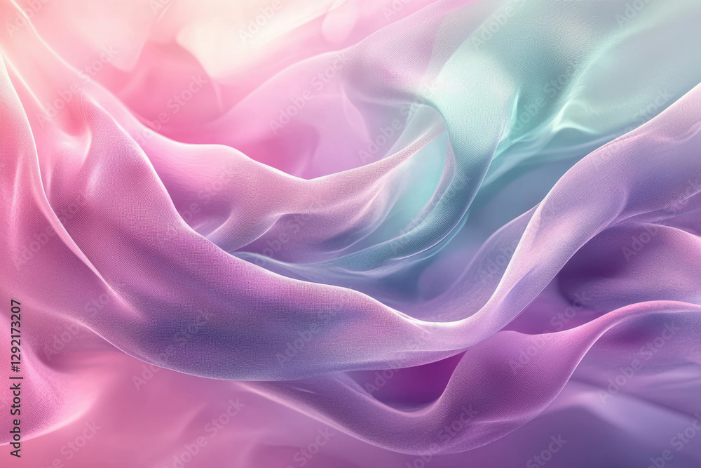 Poster pastel-colored fabric flows in soft, elegant waves, creating a dreamy, ethereal texture.