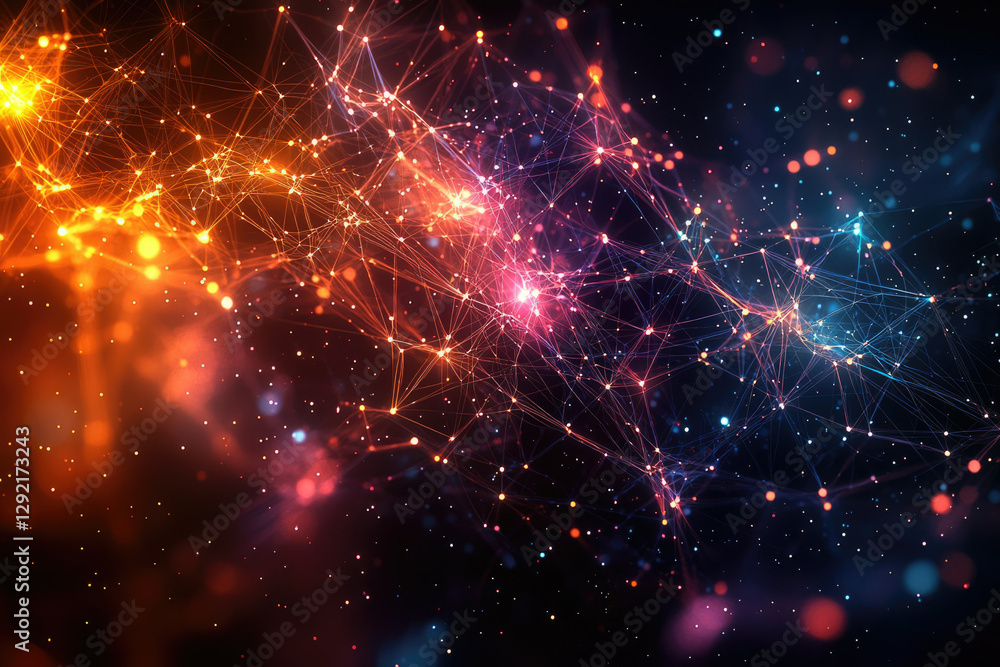 Poster abstract cosmic network, glowing nodes and lines connecting in a vibrant, colorful galaxy.
