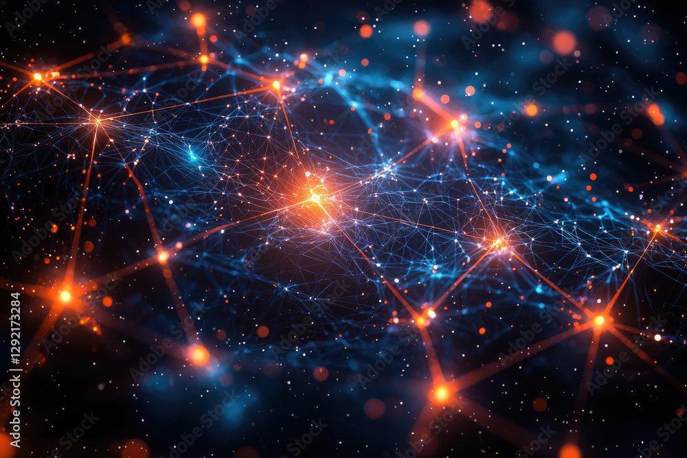 Poster abstract representation of interconnected nodes forming a complex network, glowing with vibrant oran