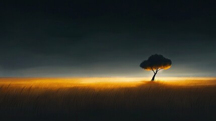   Lone tree in field of tall grass during sunset behind dark, overcast sky