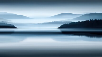 Fototapeta premium A vast expanse of water separates a lush forest from a majestic mountain range in the background