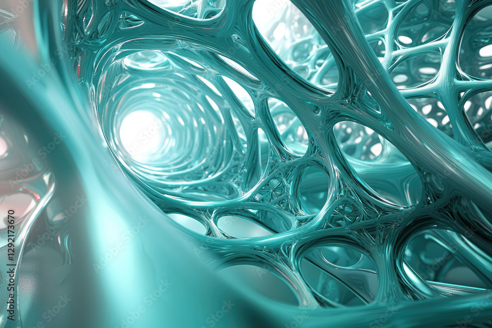 Poster Abstract turquoise fractal artwork depicting a complex, interconnected network of organic-like forms creating a tunnel-like structure.