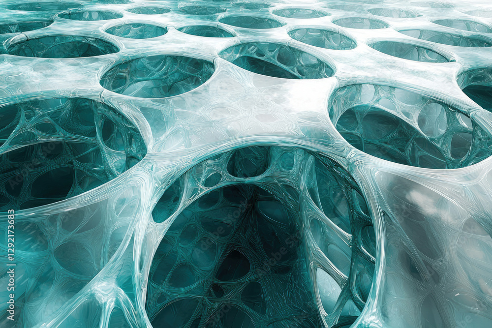 Poster abstract teal organic structure with interconnected, porous, and cavernous forms resembling a networ