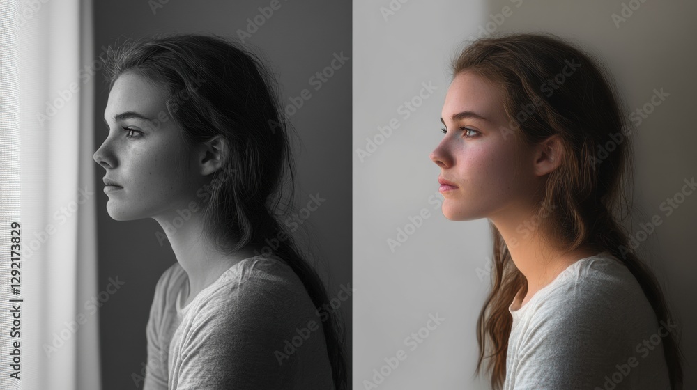 Leinwandbilder mood transformation reflected through contrasting expressions and color tones in a serene indoor set