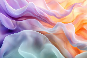 Obraz premium Soft pastel fabric drapes in gentle waves, showcasing a beautiful ombre effect of purple, blue, and orange hues.