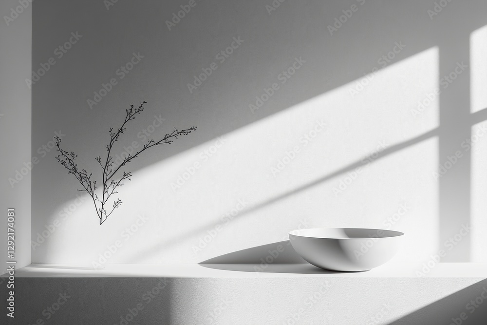 Poster minimalistic interior design featuring a white bowl and branch casting shadows in a serene space. ge