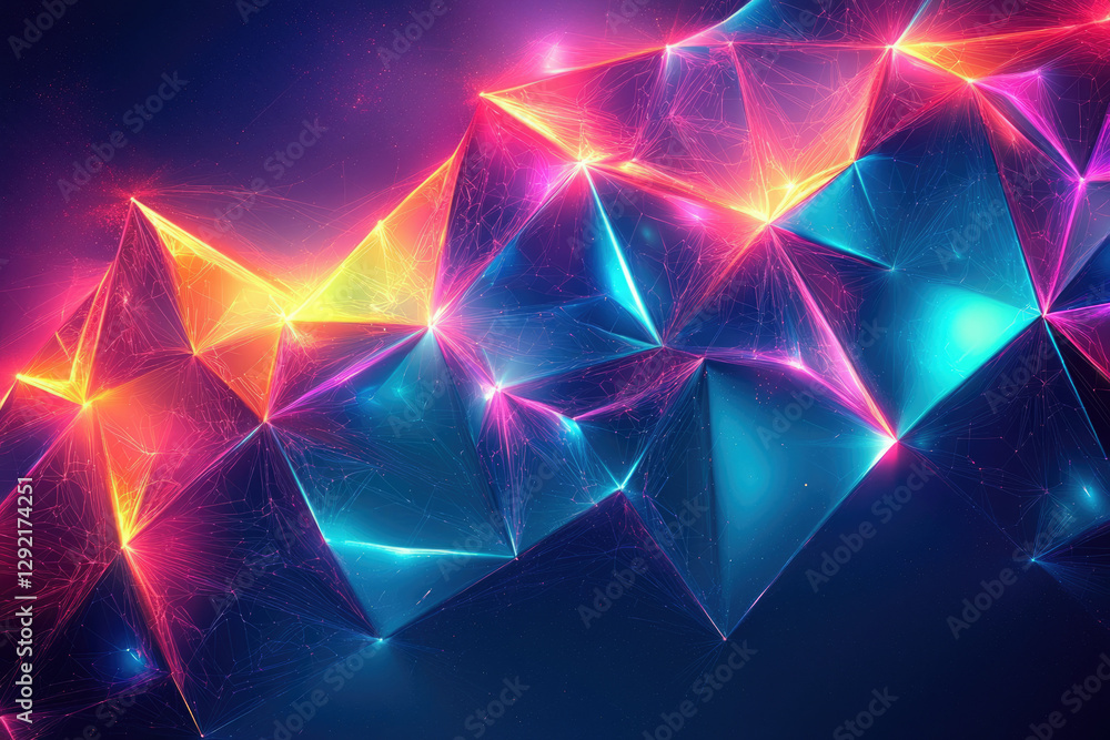 Poster Abstract polygonal artwork with vibrant, glowing colors and intricate network of lines creating a dynamic, energetic visual.