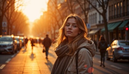 Fototapeta premium Young woman with long hair in a city street at sunset, capturing warm urban vibes