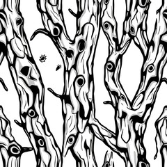 Whimsical Tree Caricatures: A seamless, cartoon-style illustration of stylized trees with multiple eye-like patterns, set against a bright background, evoking a sense of curiosity and playfulness.