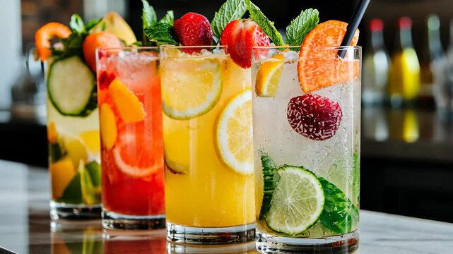 Refreshing colorful drinks garnished with fruits on a bright bar counter during summer, A row of colorful, refreshing drinks with fruit garnishes, perfect for summer