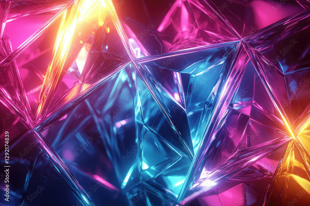 Poster abstract image of vibrant, glowing neon-colored crystal structures, creating a dazzling geometric pa