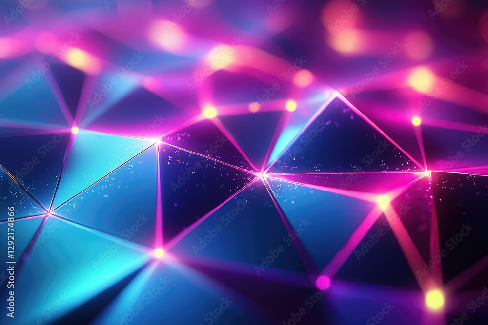 Poster Abstract geometric background with glowing neon lines and triangles forming a dynamic pattern.